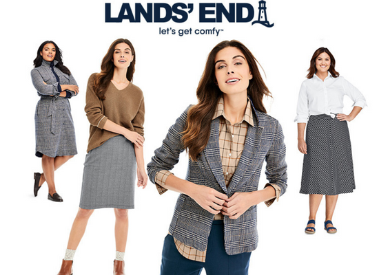 Lands' End woman model wearing different clothes